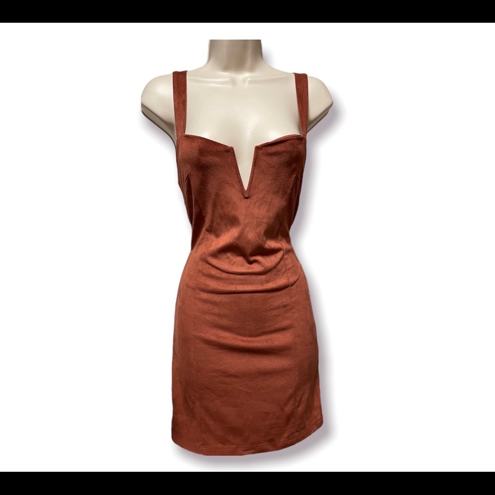 Tan Suede Forever 21 Bodycon Dress with deep wired V neck - Picture 4 of 8